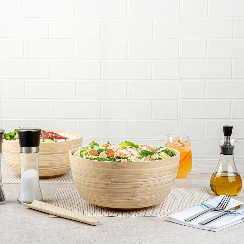 Bambuddha 30 oz Round Natural Spun Bamboo Large Salad Bowl - 11" x 11" x 5 1/2" - 1 count box