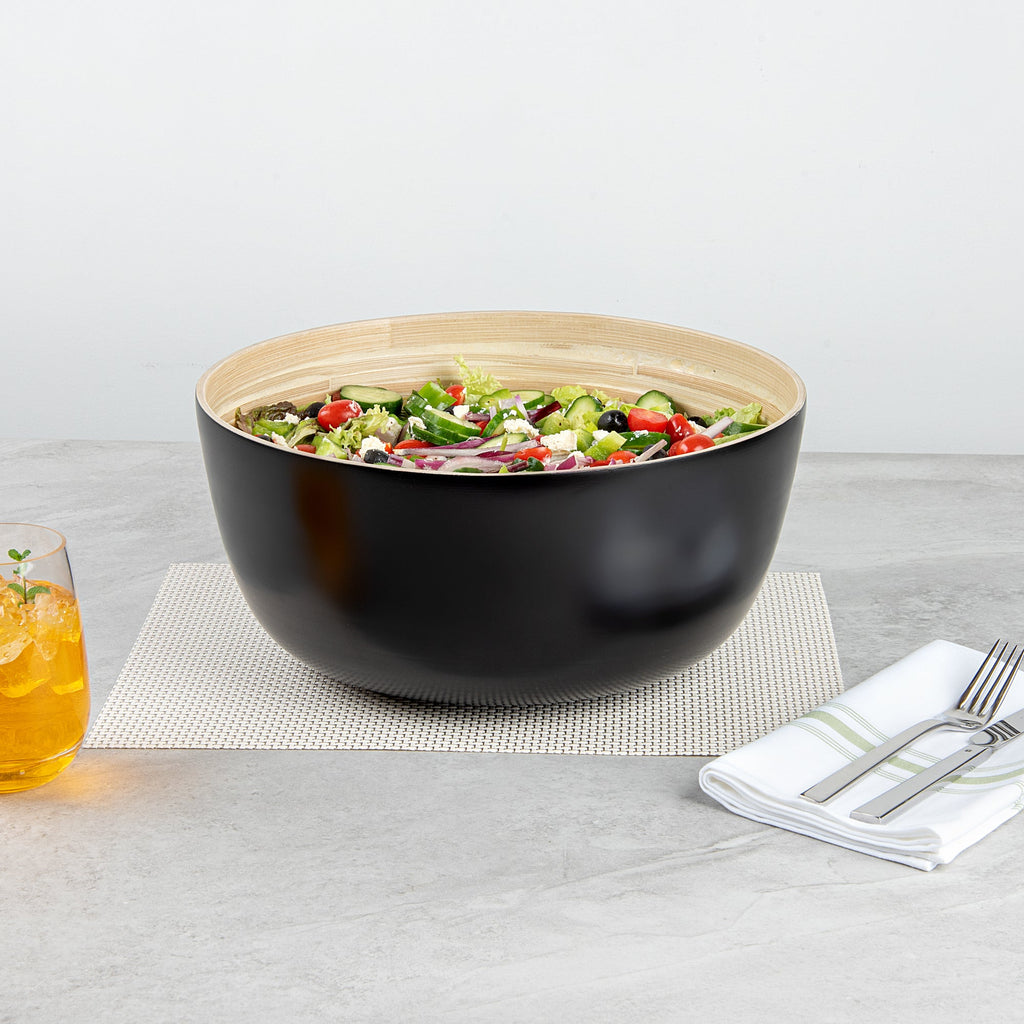 Bambuddha 51 oz Round Black Spun Bamboo Extra Large Salad Bowl - 13 1/2" x 13 1/2" x 6 1/4" - 1 count box
