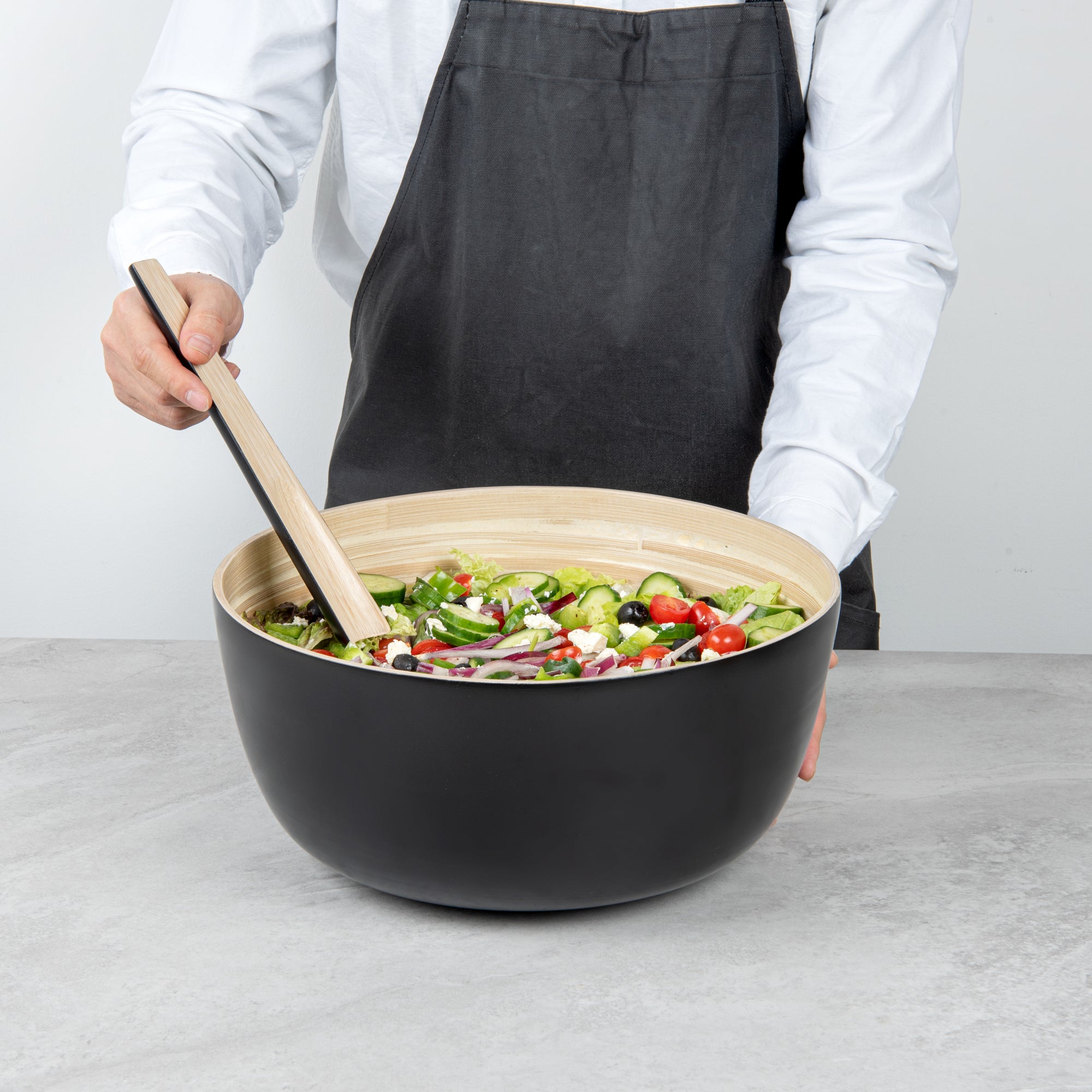 Bambuddha 51 oz Round Black Spun Bamboo Extra Large Salad Bowl - 13 1/2" x 13 1/2" x 6 1/4" - 1 count box