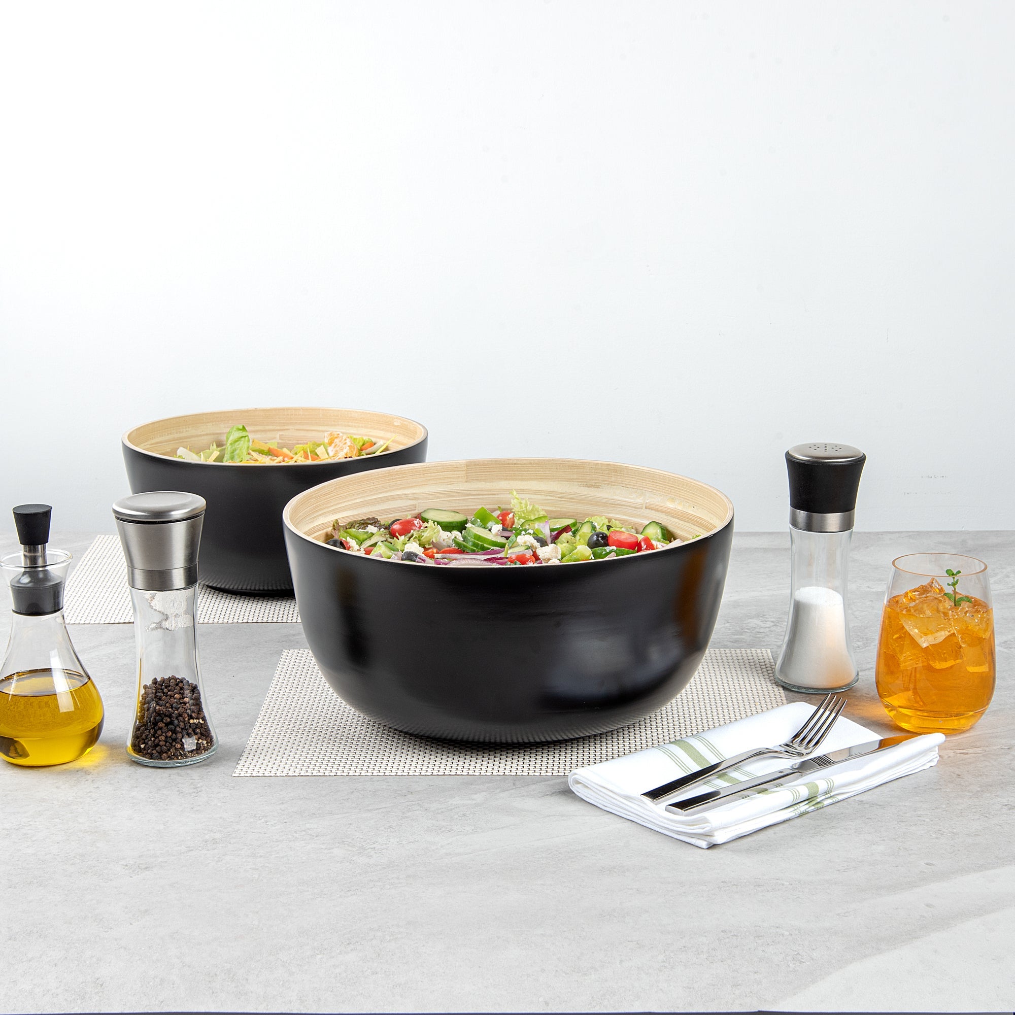 Bambuddha 51 oz Round Black Spun Bamboo Extra Large Salad Bowl - 13 1/2" x 13 1/2" x 6 1/4" - 1 count box