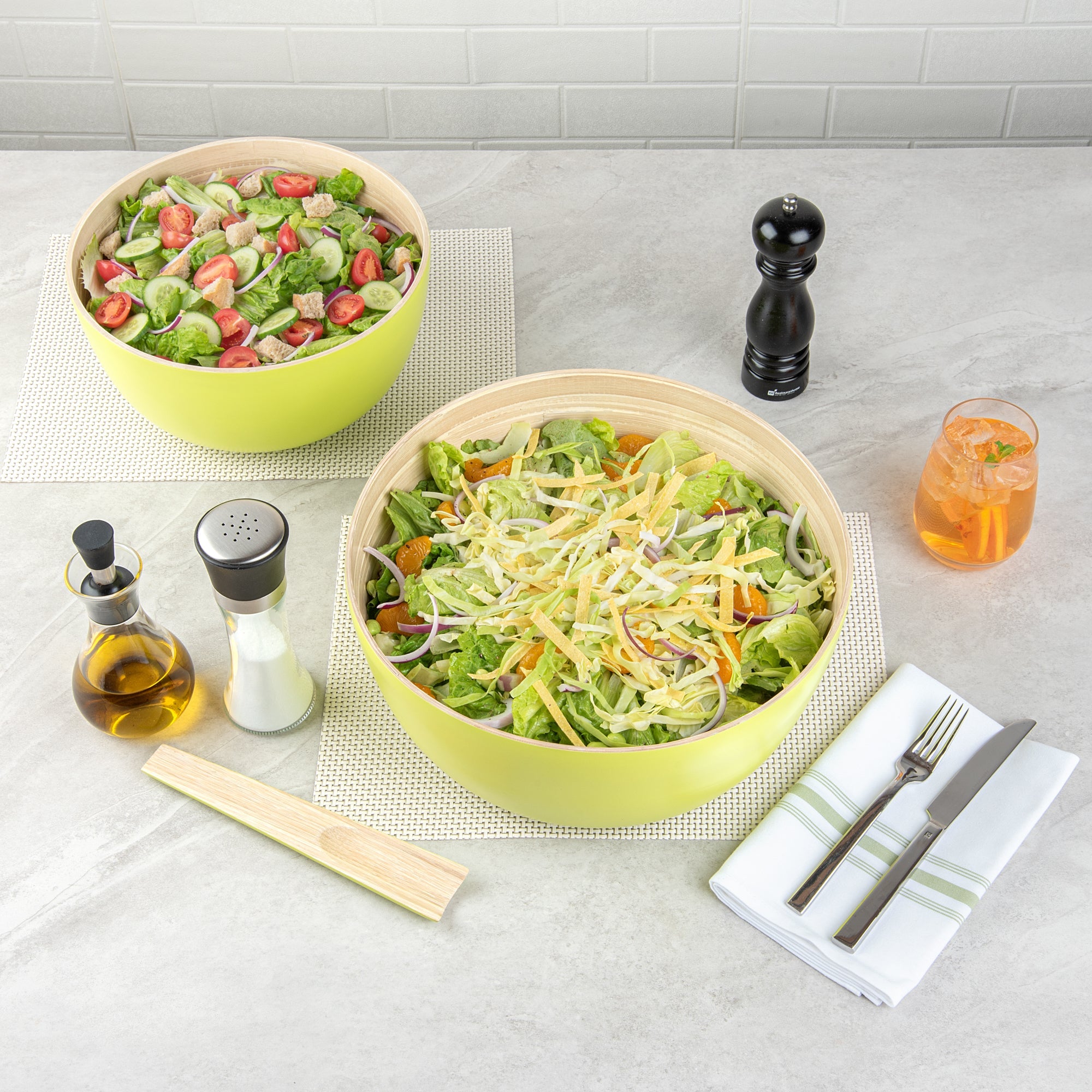 Bambuddha 51 oz Round Green Spun Bamboo Extra Large Salad Bowl - 13 1/2" x 13 1/2" x 6 1/4" - 1 count box