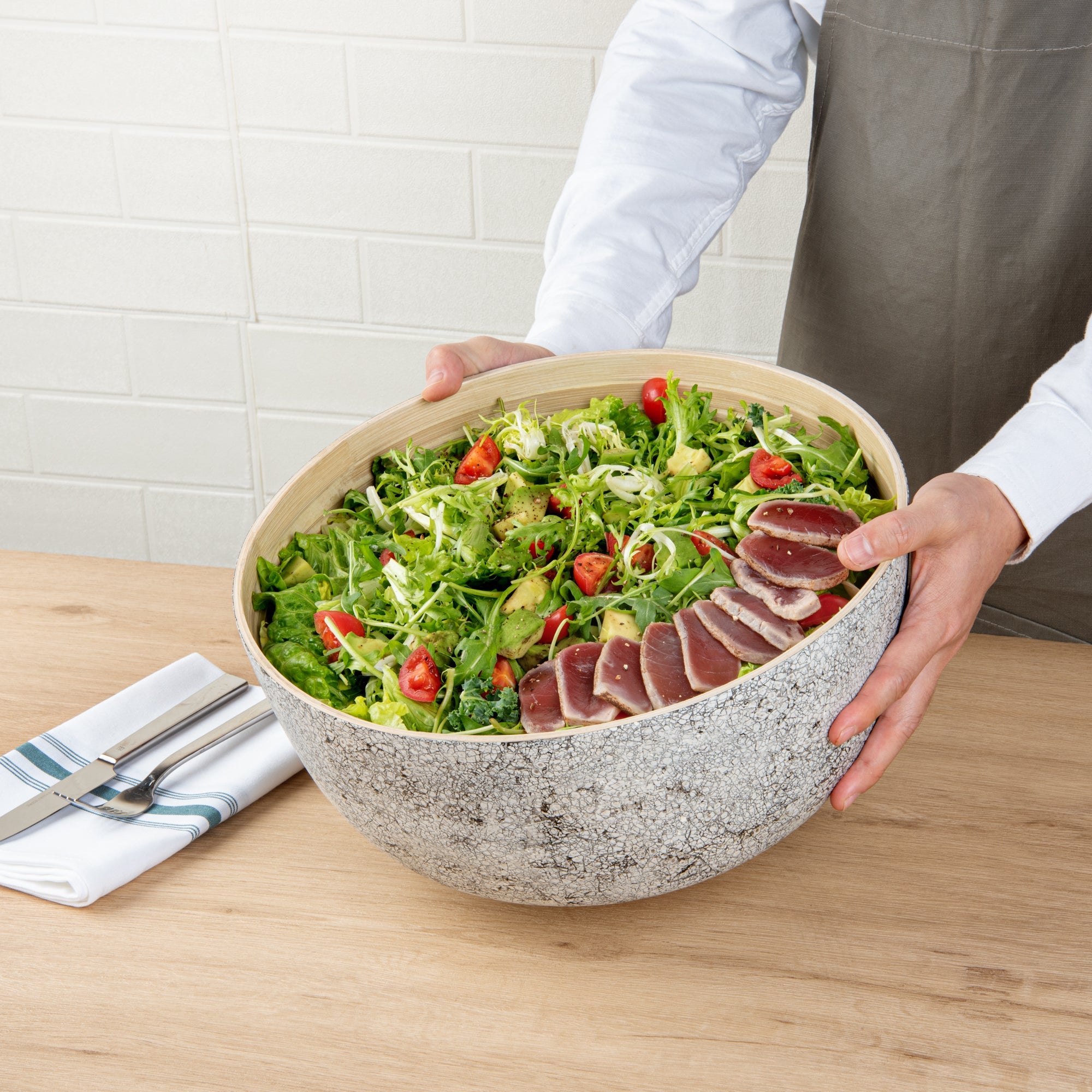 Bambuddha 51 oz Round Gray Spun Bamboo Extra Large Eggshell Salad Bowl - 13 1/2" x 13 1/2" x 6 1/4" - 1 count box