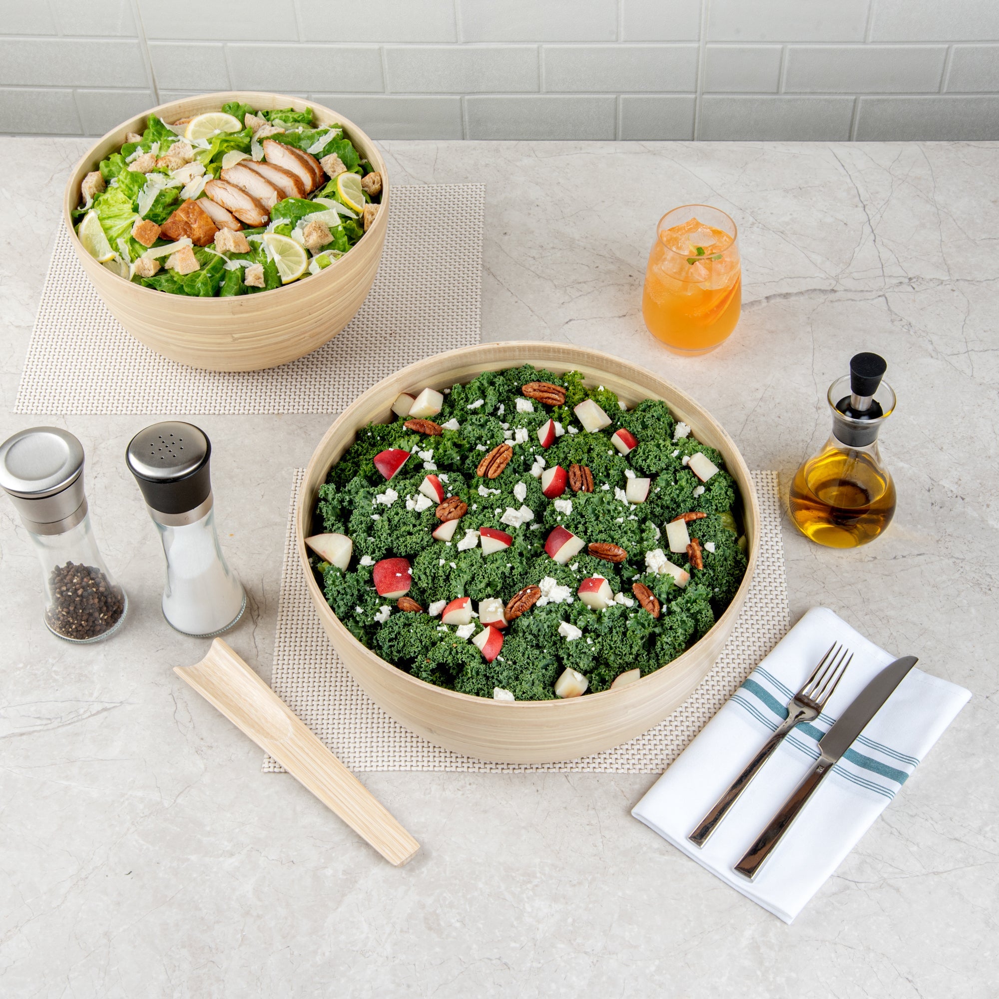 Bambuddha 51 oz Round Natural Spun Bamboo Extra Large Salad Bowl - 13 1/2" x 13 1/2" x 6 1/4" - 1 count box