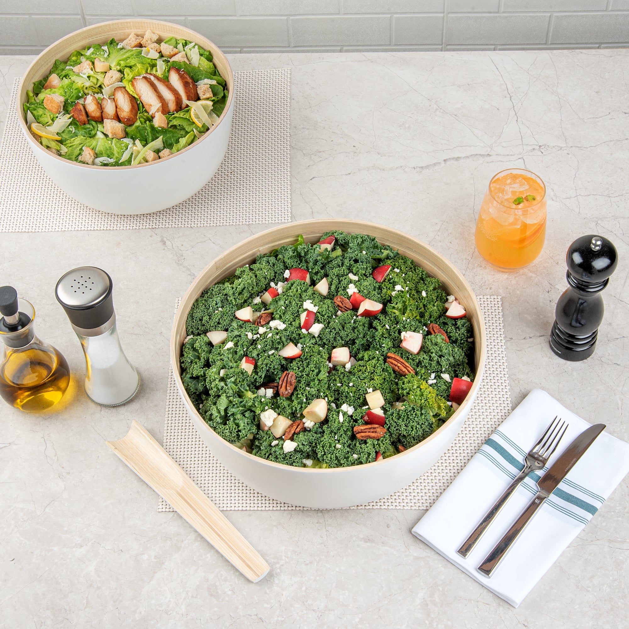 Bambuddha 51 oz Round White Spun Bamboo Extra Large Salad Bowl - 13 1/2" x 13 1/2" x 6 1/4" - 1 count box