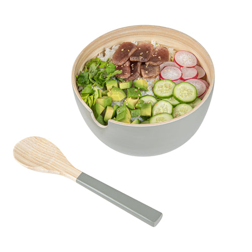 Bambuddha 25 oz Round Gray Spun Bamboo Serving Bowl - with Serving Spoon - 7 3/4" x 7 3/4" x 4" - 1 count box