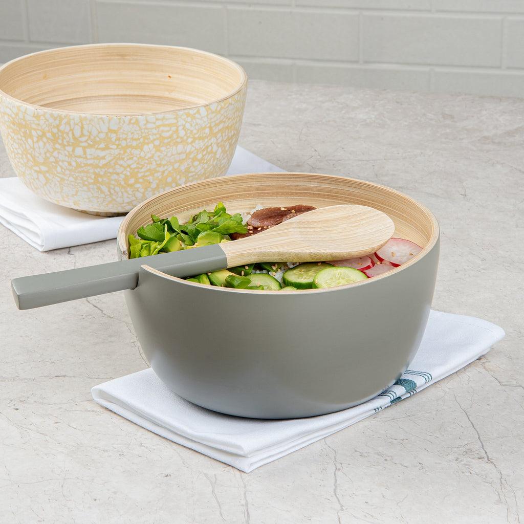 Bambuddha 25 oz Round Gray Spun Bamboo Serving Bowl - with Serving Spoon - 7 3/4" x 7 3/4" x 4" - 1 count box