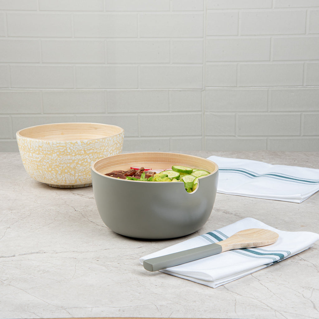 Bambuddha 25 oz Round Gray Spun Bamboo Serving Bowl - with Serving Spoon - 7 3/4" x 7 3/4" x 4" - 1 count box