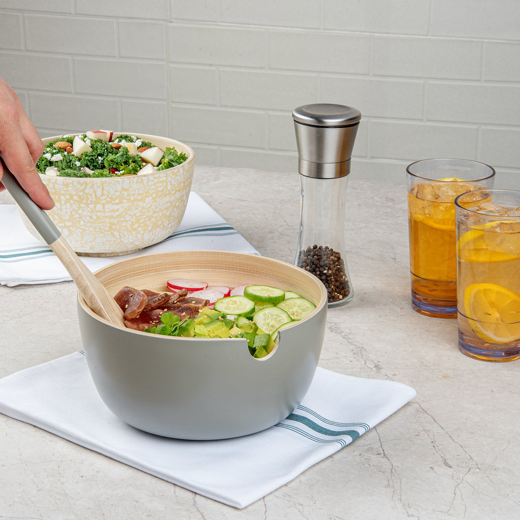 Bambuddha 25 oz Round Gray Spun Bamboo Serving Bowl - with Serving Spoon - 7 3/4" x 7 3/4" x 4" - 10 count box