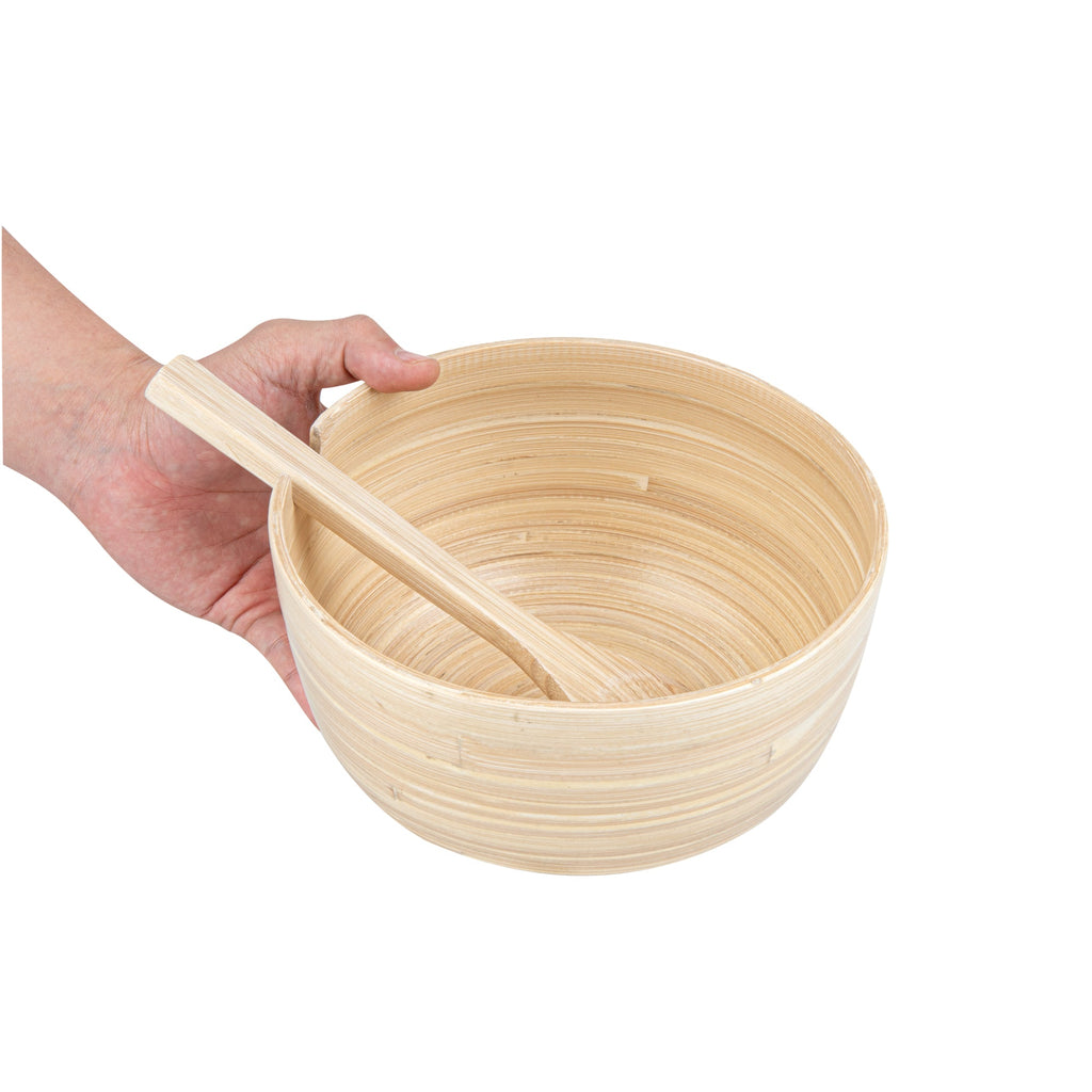Bambuddha 25 oz Round Natural Spun Bamboo Serving Bowl - with Serving Spoon - 7 3/4" x 7 3/4" x 4" - 1 count box