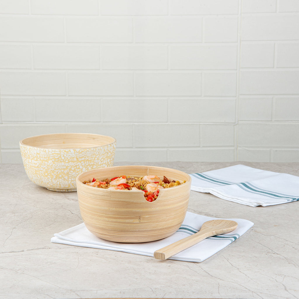 Bambuddha 25 oz Round Natural Spun Bamboo Serving Bowl - with Serving Spoon - 7 3/4" x 7 3/4" x 4" - 1 count box