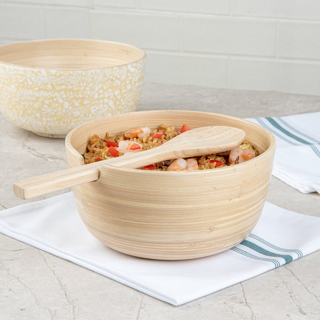Bambuddha 25 oz Round Natural Spun Bamboo Serving Bowl - with Serving Spoon - 7 3/4" x 7 3/4" x 4" - 10 count box
