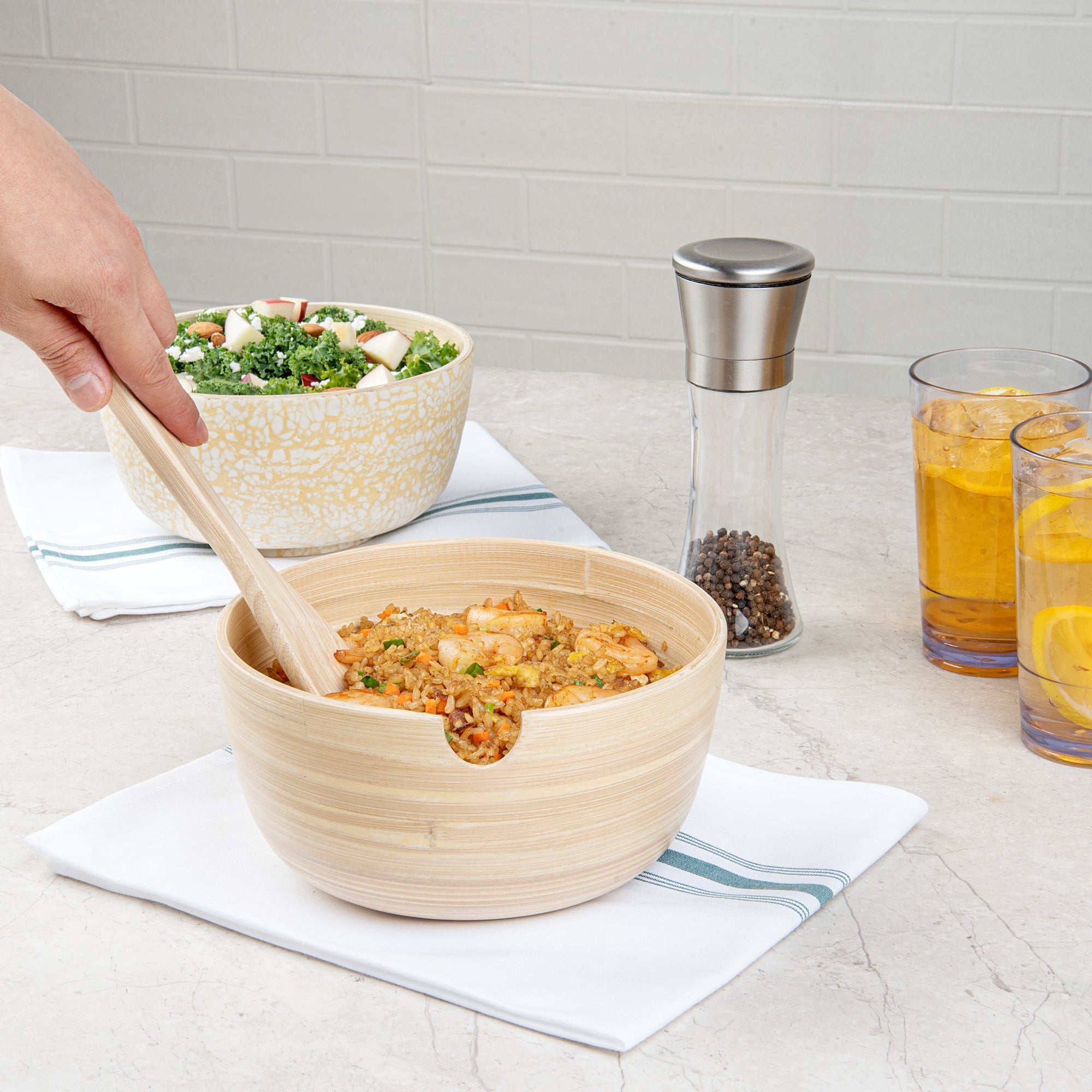 Bambuddha 25 oz Round Natural Spun Bamboo Serving Bowl - with Serving Spoon - 7 3/4" x 7 3/4" x 4" - 10 count box
