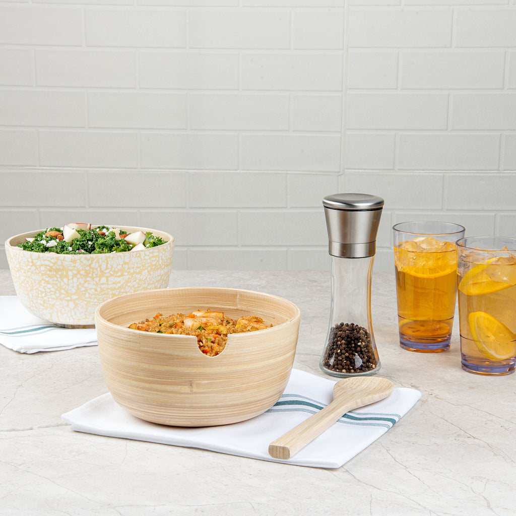Bambuddha 25 oz Round Natural Spun Bamboo Serving Bowl - with Serving Spoon - 7 3/4" x 7 3/4" x 4" - 10 count box