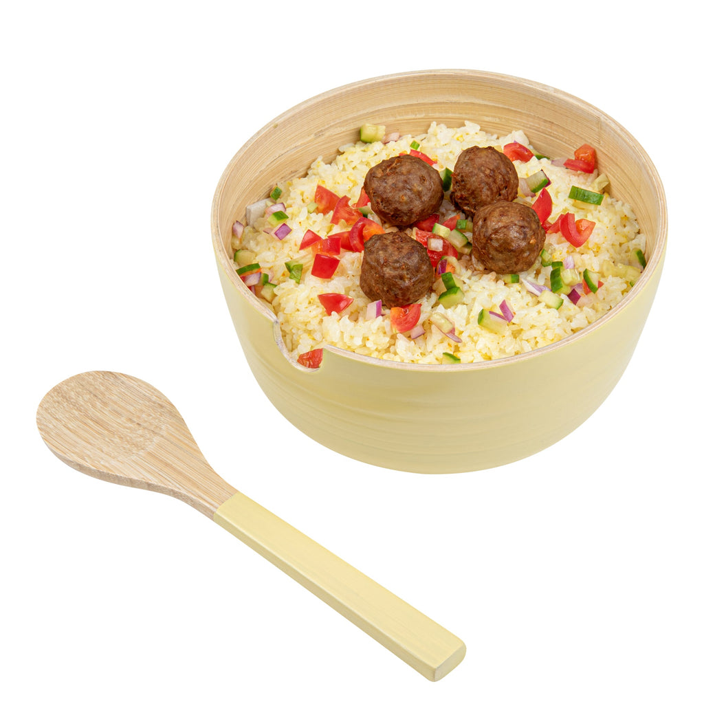 Bambuddha 25 oz Round Cream Spun Bamboo Serving Bowl - with Serving Spoon - 7 3/4" x 7 3/4" x 4" - 1 count box