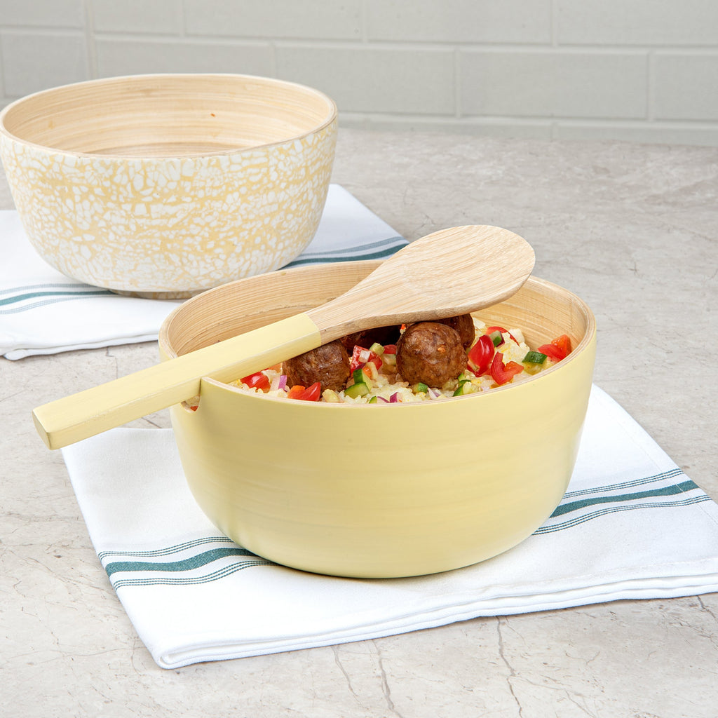 Bambuddha 25 oz Round Cream Spun Bamboo Serving Bowl - with Serving Spoon - 7 3/4" x 7 3/4" x 4" - 1 count box