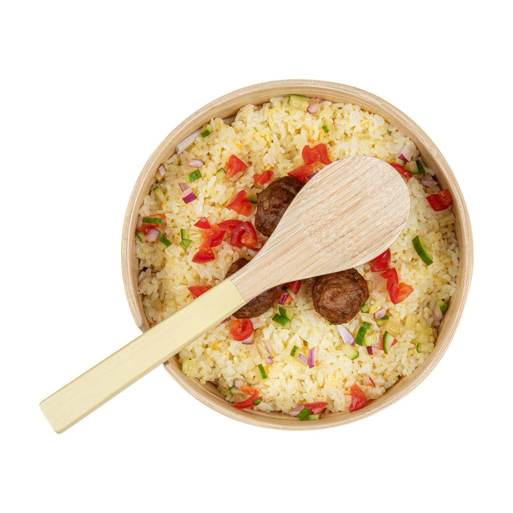 Bambuddha 25 oz Round Cream Spun Bamboo Serving Bowl - with Serving Spoon - 7 3/4" x 7 3/4" x 4" - 1 count box