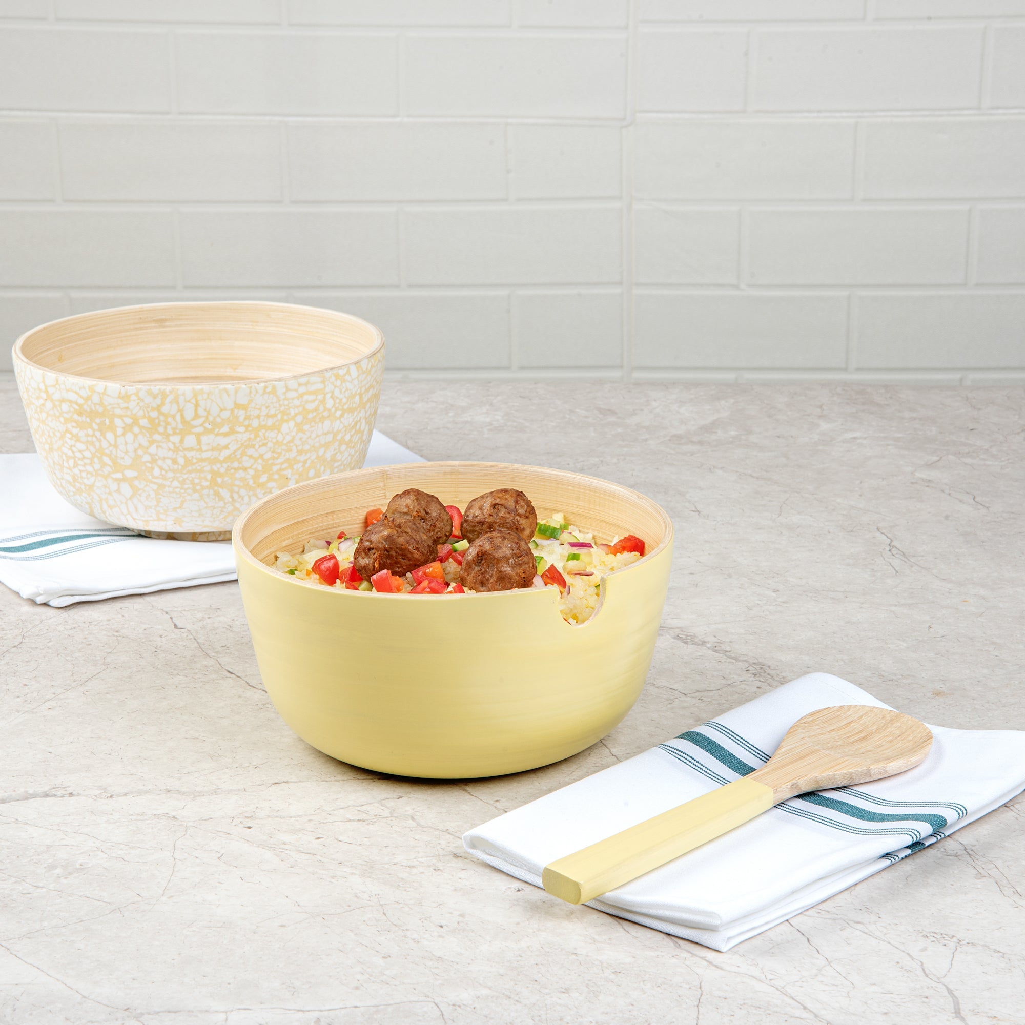 Bambuddha 25 oz Round Cream Spun Bamboo Serving Bowl - with Serving Spoon - 7 3/4" x 7 3/4" x 4" - 1 count box