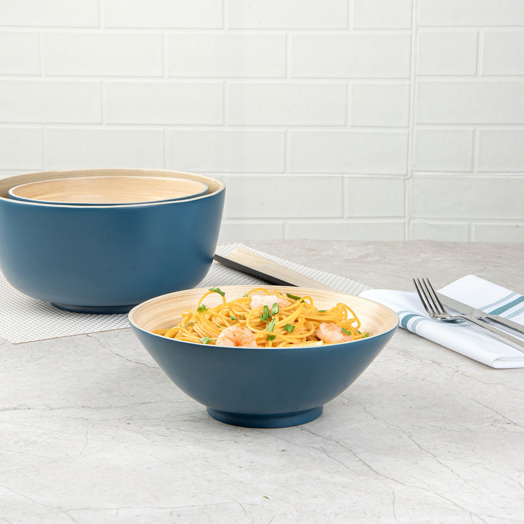 Bambuddha 29 oz Round Blue Spun Bamboo Serving Bowl - 8 1/4" x 8 1/4" x 3 1/4" - 1 count box