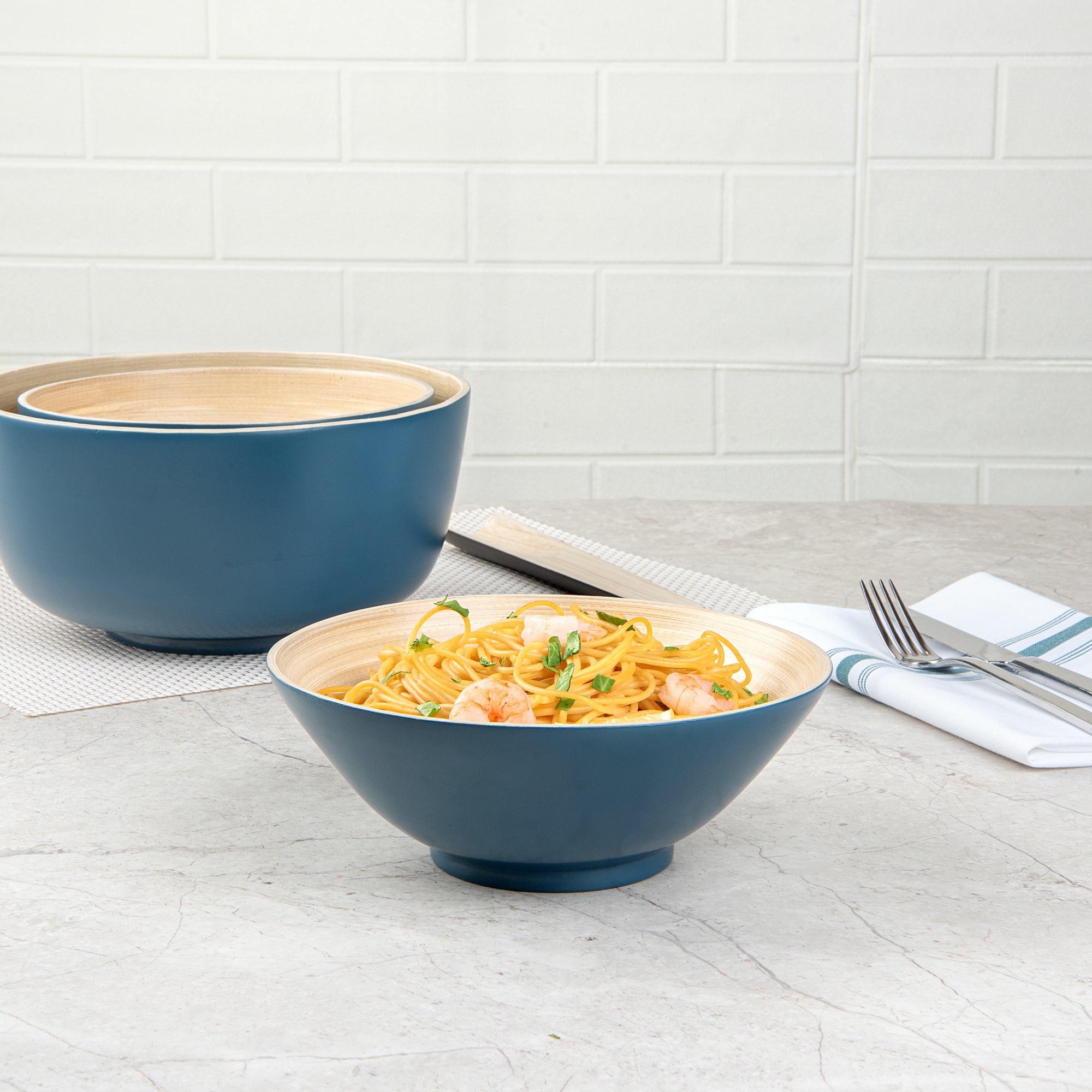 Bambuddha 29 oz Round Blue Spun Bamboo Serving Bowl - 8 1/4" x 8 1/4" x 3 1/4" - 1 count box
