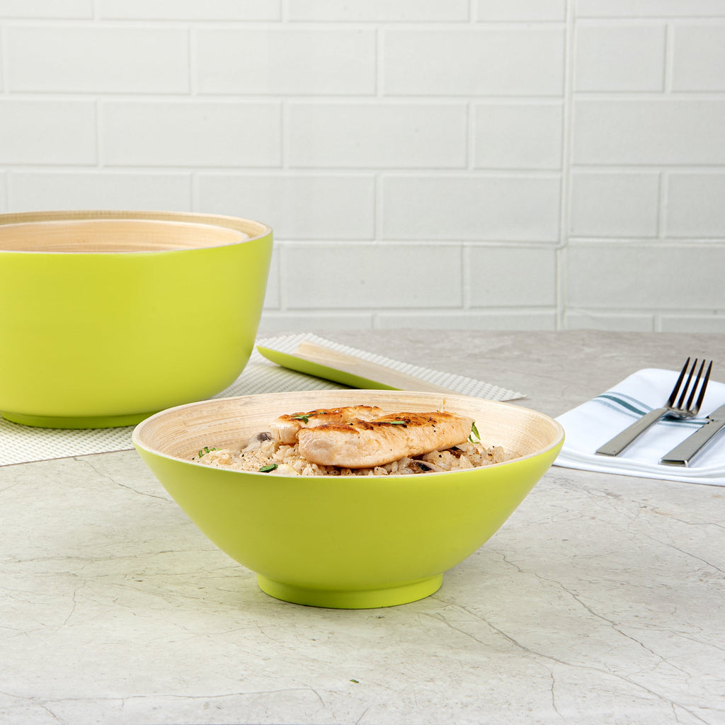 Bambuddha 29 oz Round Green Spun Bamboo Serving Bowl - 8 1/4" x 8 1/4" x 3 1/4" - 1 count box