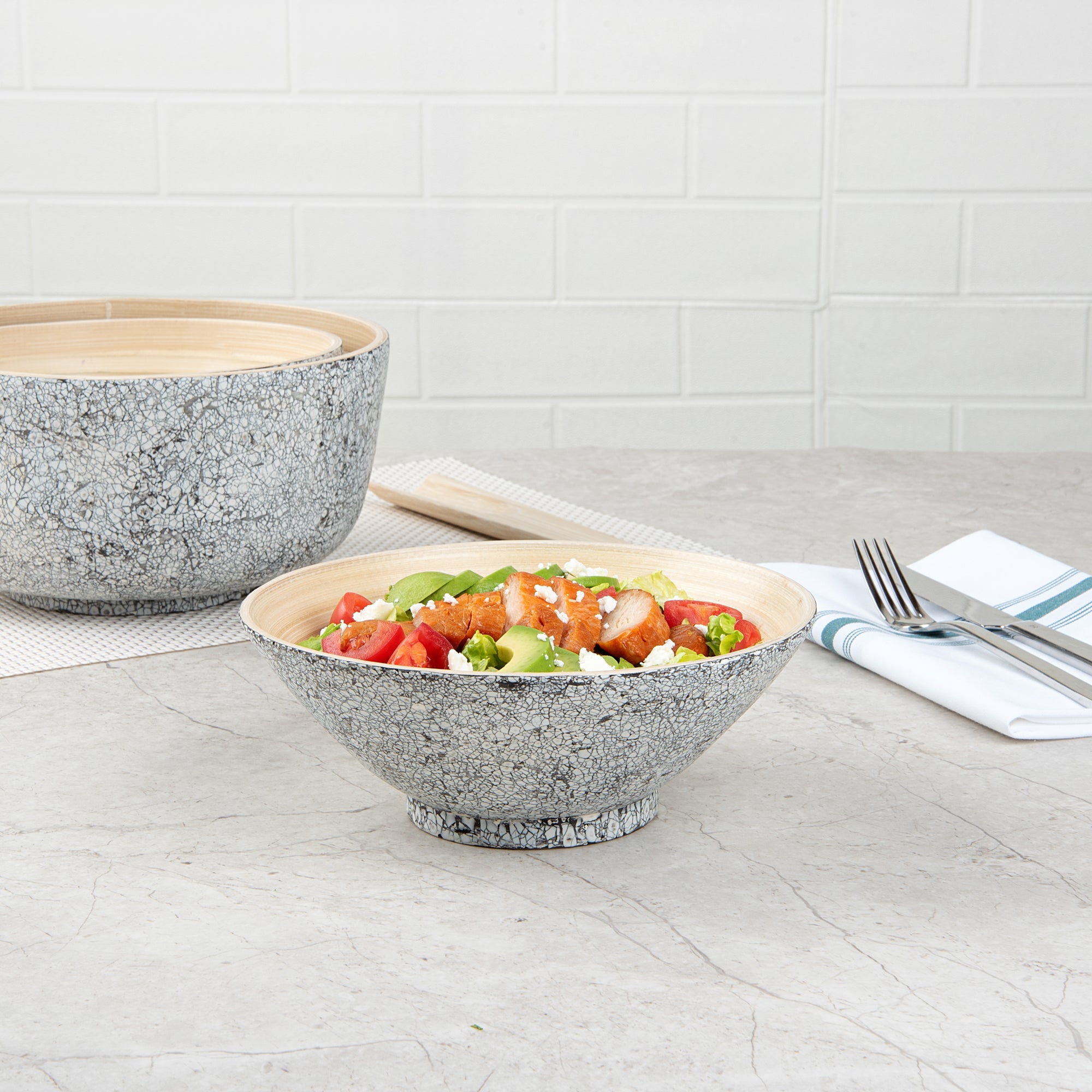 Bambuddha 29 oz Round Gray Spun Bamboo Eggshell Serving Bowl - 8 1/4" x 8 1/4" x 3 1/4" - 1 count box