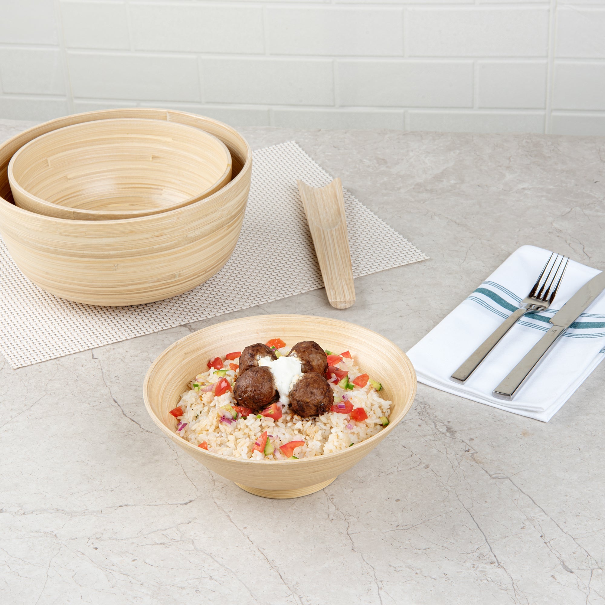 Bambuddha 29 oz Round Natural Spun Bamboo Serving Bowl - 8 1/4" x 8 1/4" x 3 1/4" - 1 count box