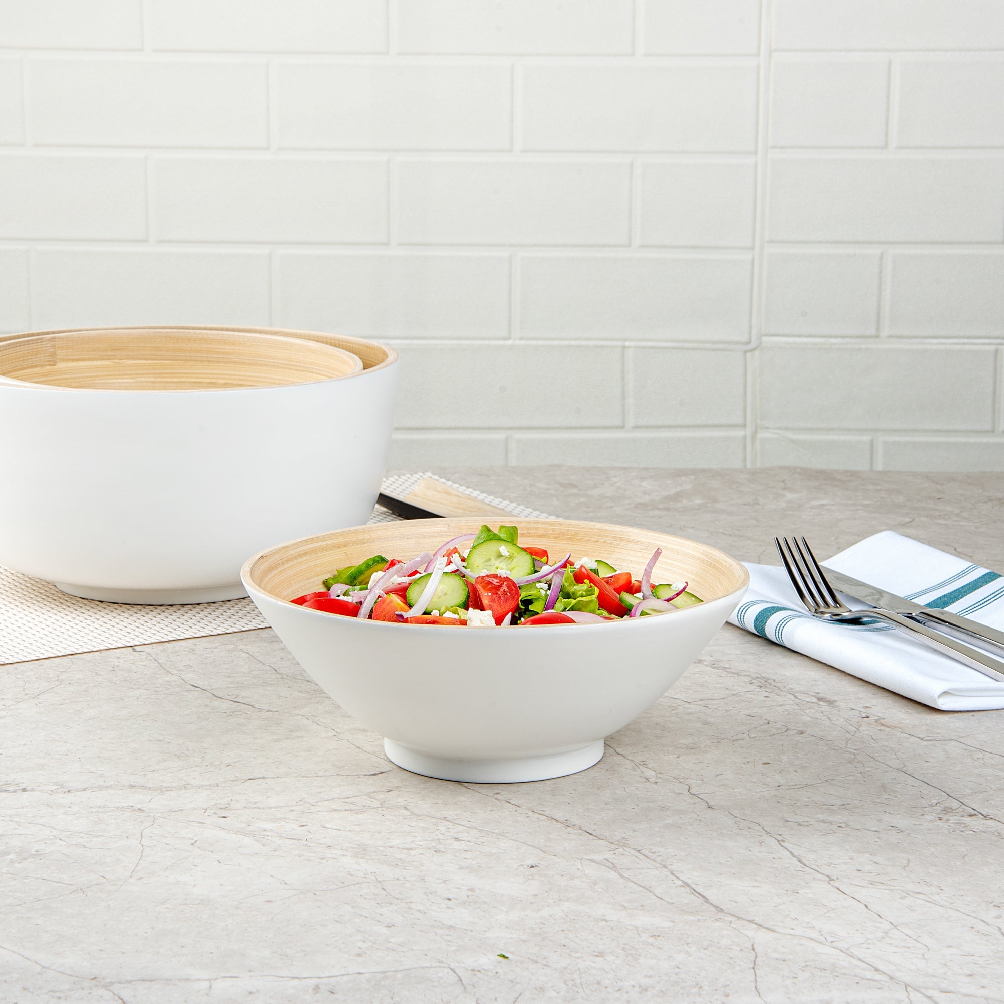 Bambuddha 29 oz Round White Spun Bamboo Serving Bowl - 8 1/4" x 8 1/4" x 3 1/4" - 1 count box