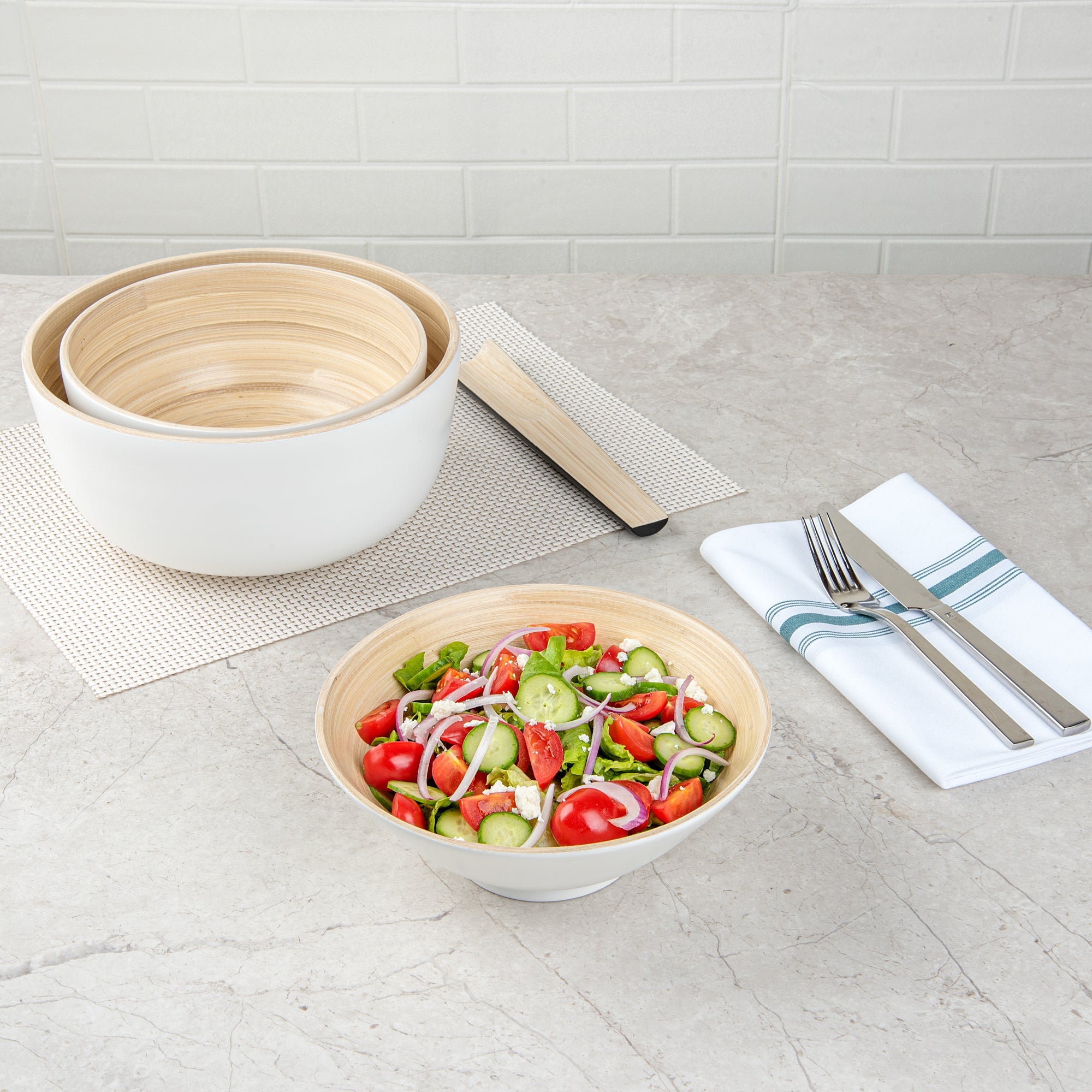 Bambuddha 29 oz Round White Spun Bamboo Serving Bowl - 8 1/4" x 8 1/4" x 3 1/4" - 1 count box