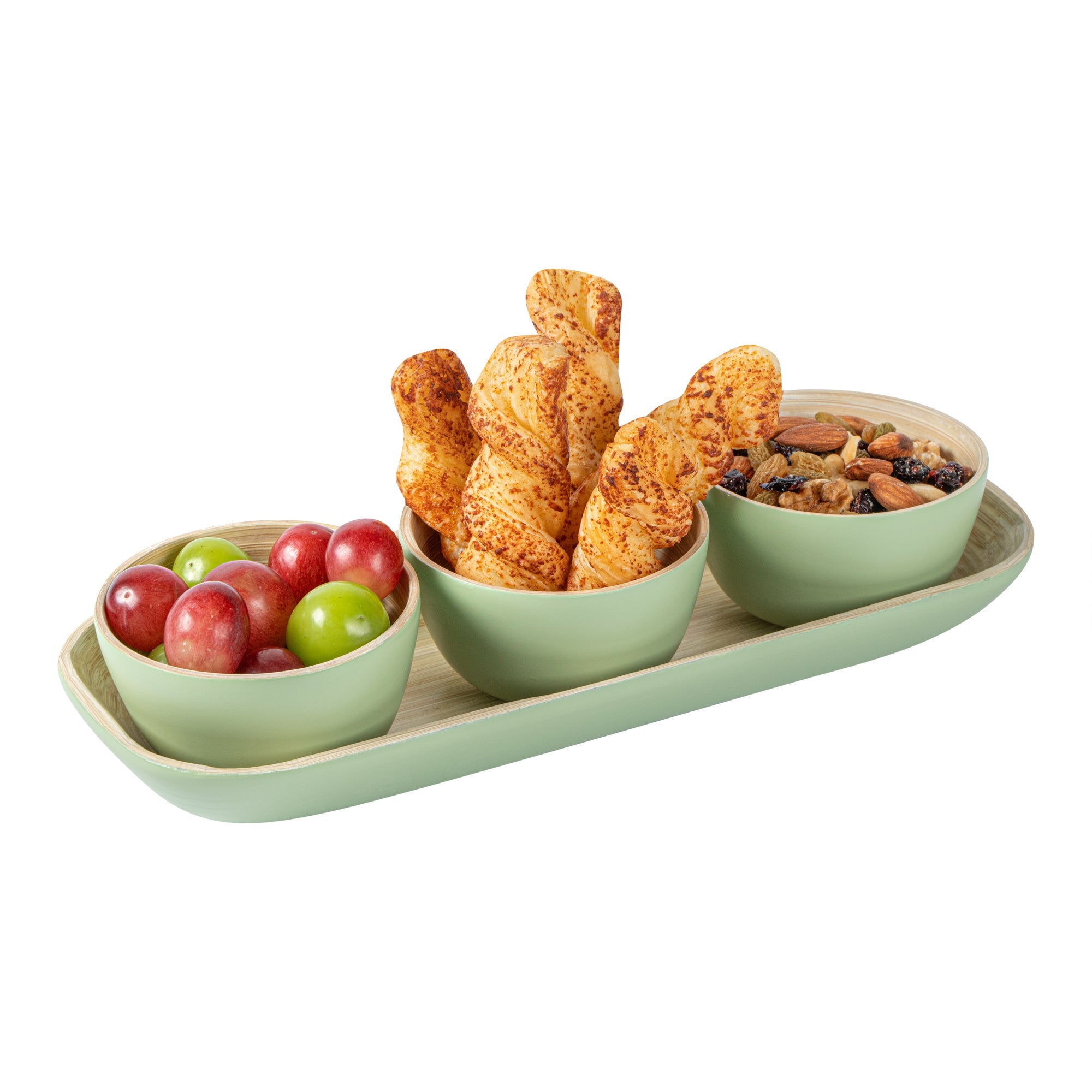 Bambuddha Green Bamboo Bowl Set - 3 Bowls, Bamboo Tray - 11 3/4" x 4 1/4" x 1 3/4" - 1 count box