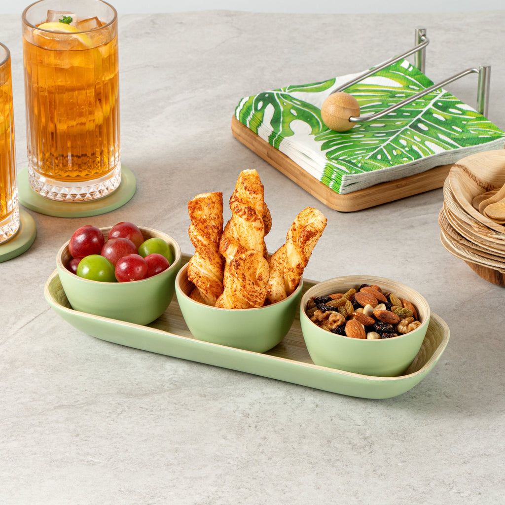 Bambuddha Green Bamboo Bowl Set - 3 Bowls, Bamboo Tray - 11 3/4" x 4 1/4" x 1 3/4" - 1 count box