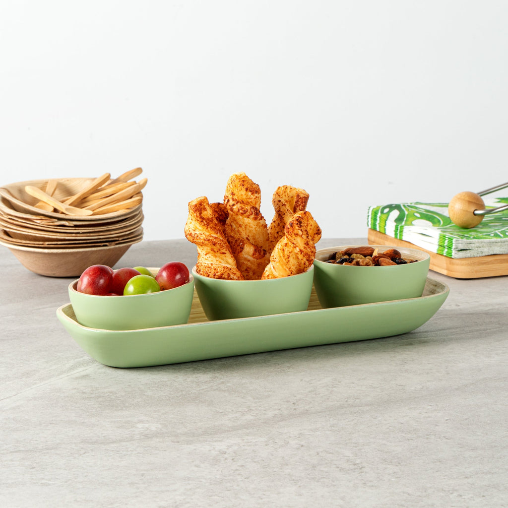 Bambuddha Green Bamboo Bowl Set - 3 Bowls, Bamboo Tray - 11 3/4" x 4 1/4" x 1 3/4" - 10 count box