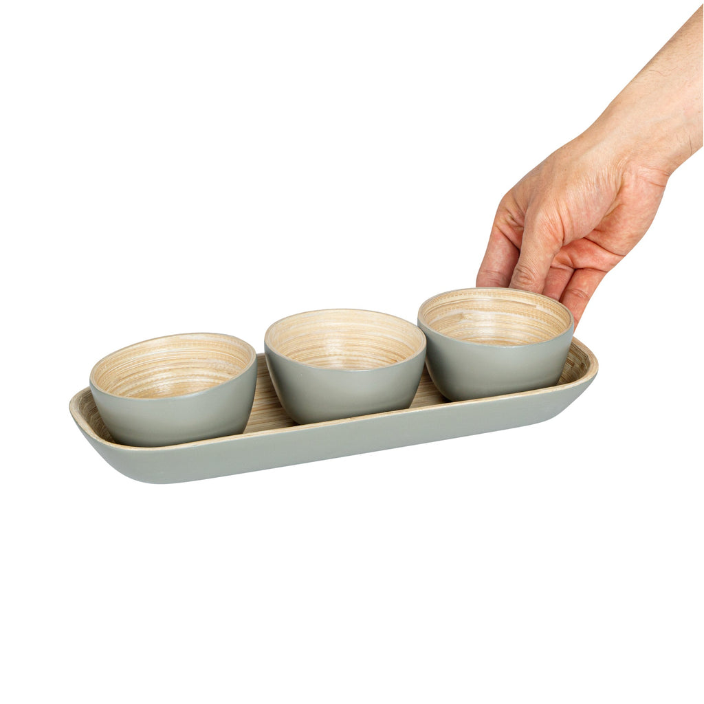 Bambuddha Gray Bamboo Bowl Set - 3 Bowls, Bamboo Tray - 11 3/4" x 4 1/4" x 1 3/4" - 1 count box