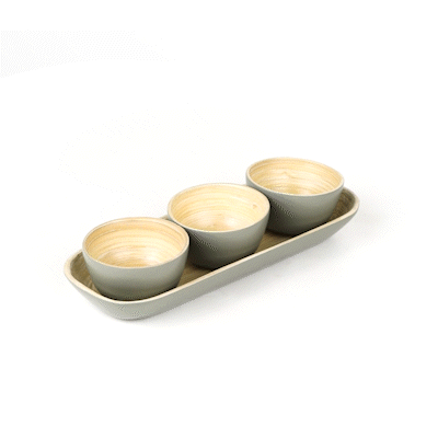 Bambuddha Gray Bamboo Bowl Set - 3 Bowls, Bamboo Tray - 11 3/4" x 4 1/4" x 1 3/4" - 10 count box