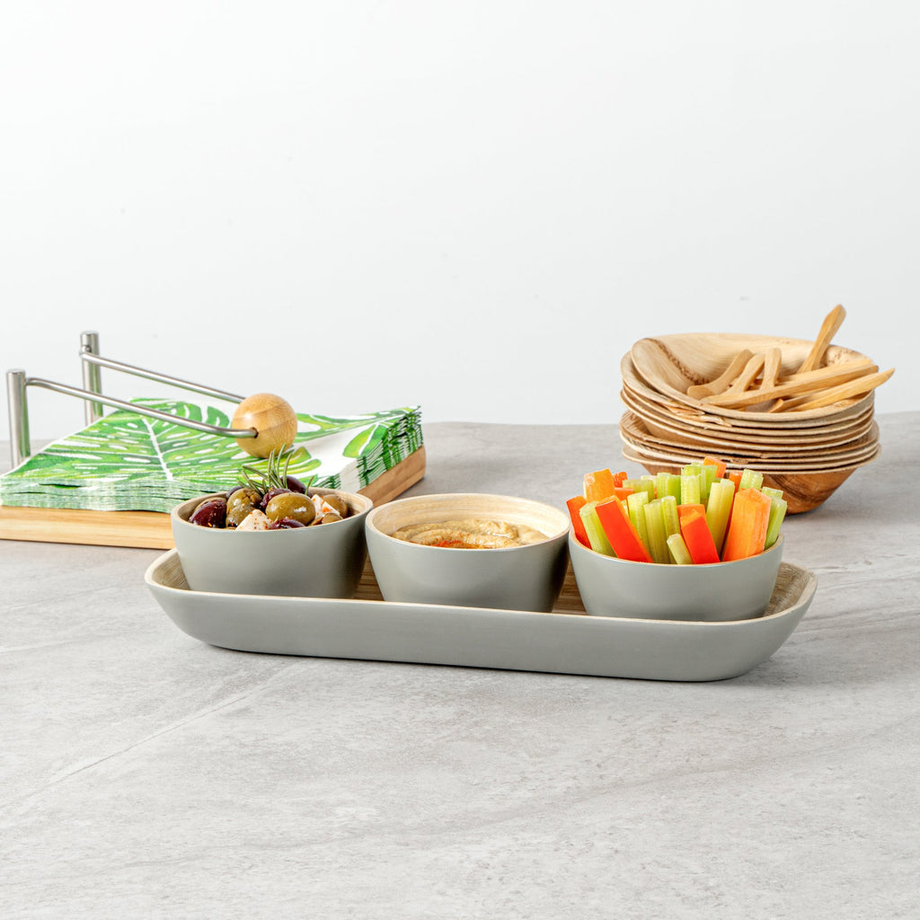 Bambuddha Gray Bamboo Bowl Set - 3 Bowls, Bamboo Tray - 11 3/4" x 4 1/4" x 1 3/4" - 10 count box