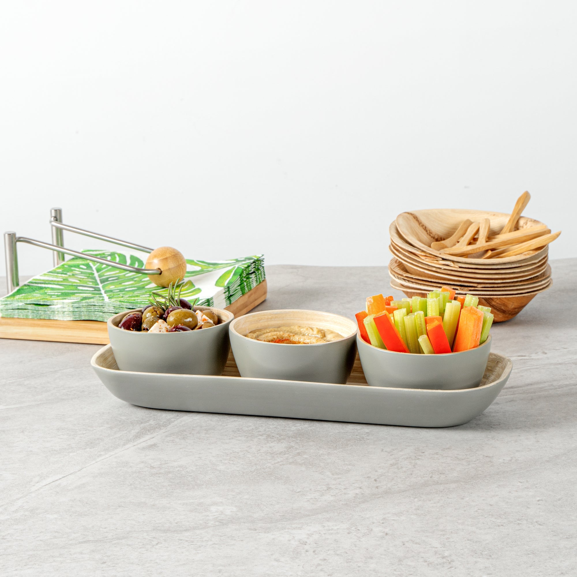 Bambuddha Gray Bamboo Bowl Set - 3 Bowls, Bamboo Tray - 11 3/4" x 4 1/4" x 1 3/4" - 10 count box