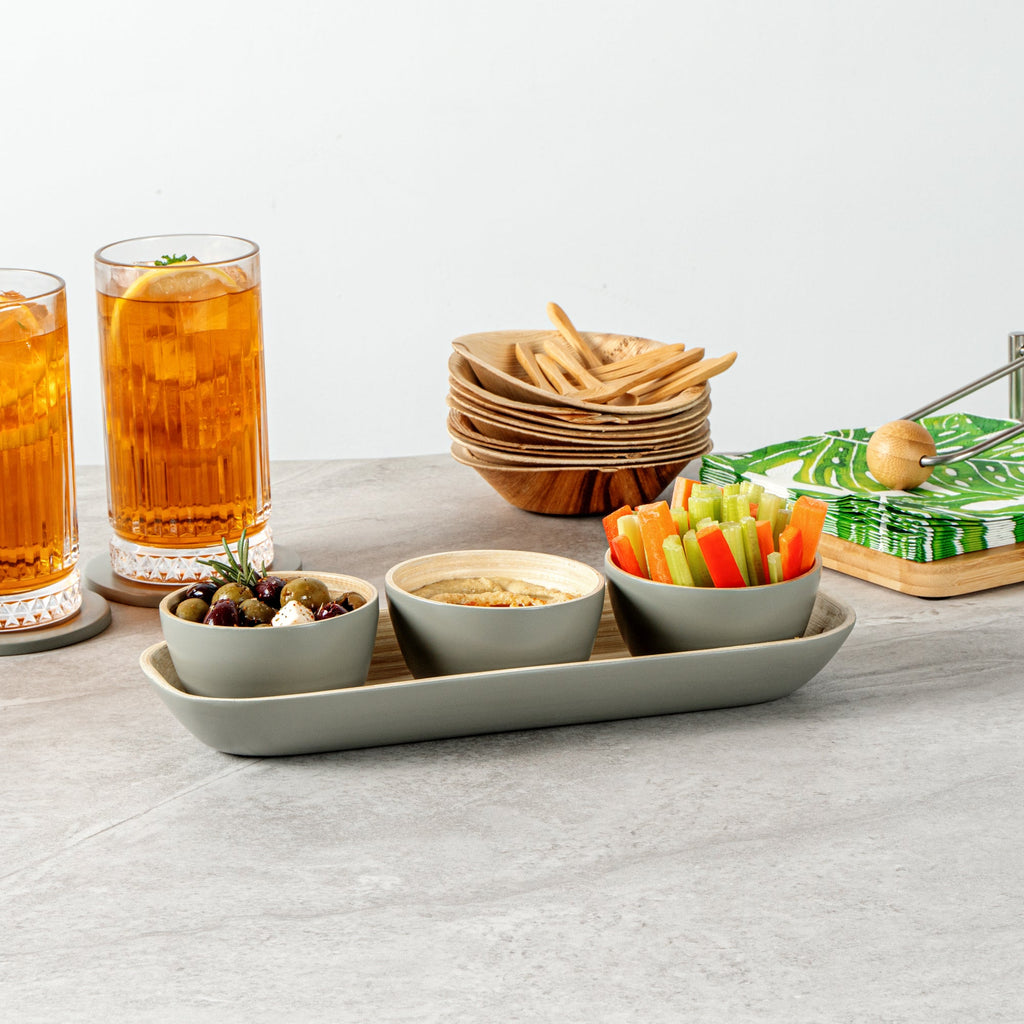 Bambuddha Gray Bamboo Bowl Set - 3 Bowls, Bamboo Tray - 11 3/4" x 4 1/4" x 1 3/4" - 10 count box