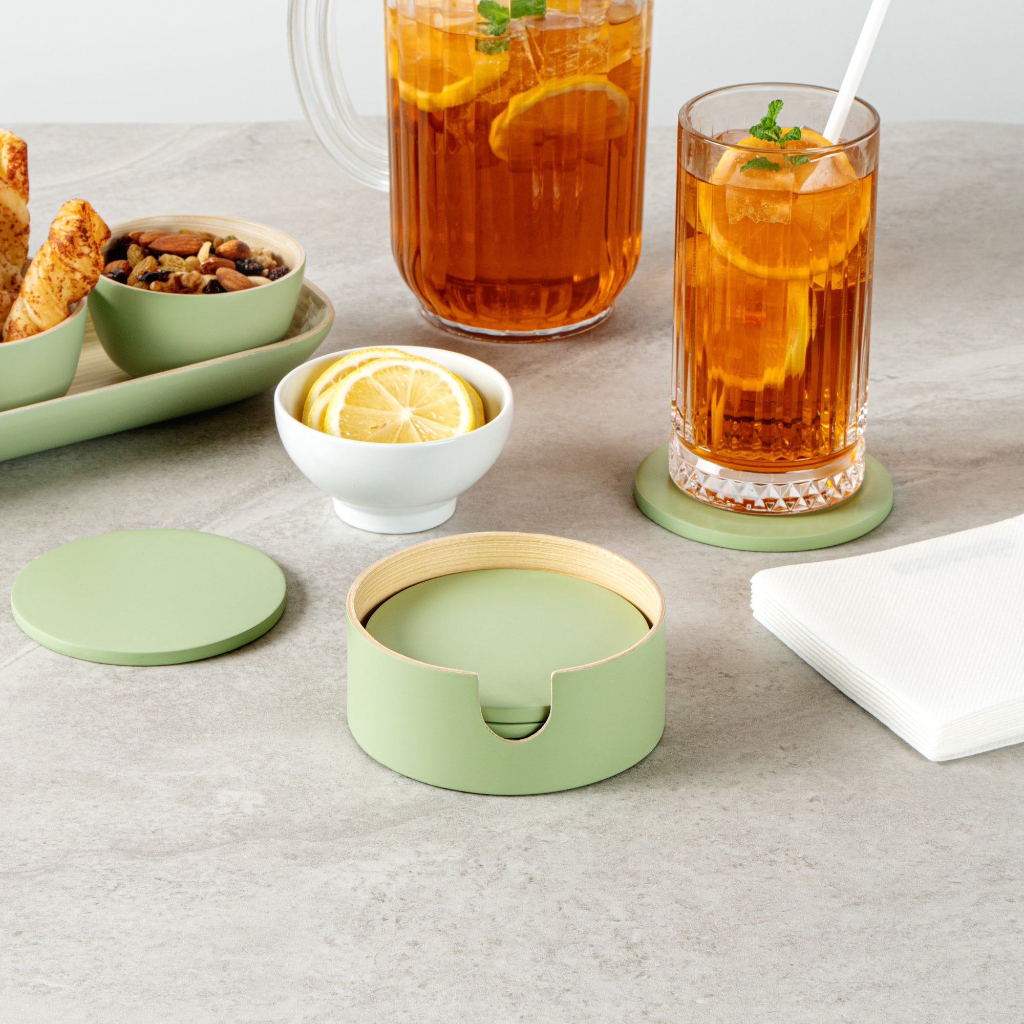 Bambuddha Green Bamboo 6-Piece Coaster Set - with Bamboo Holder - 4" x 4" x 1/4" - 30 count box