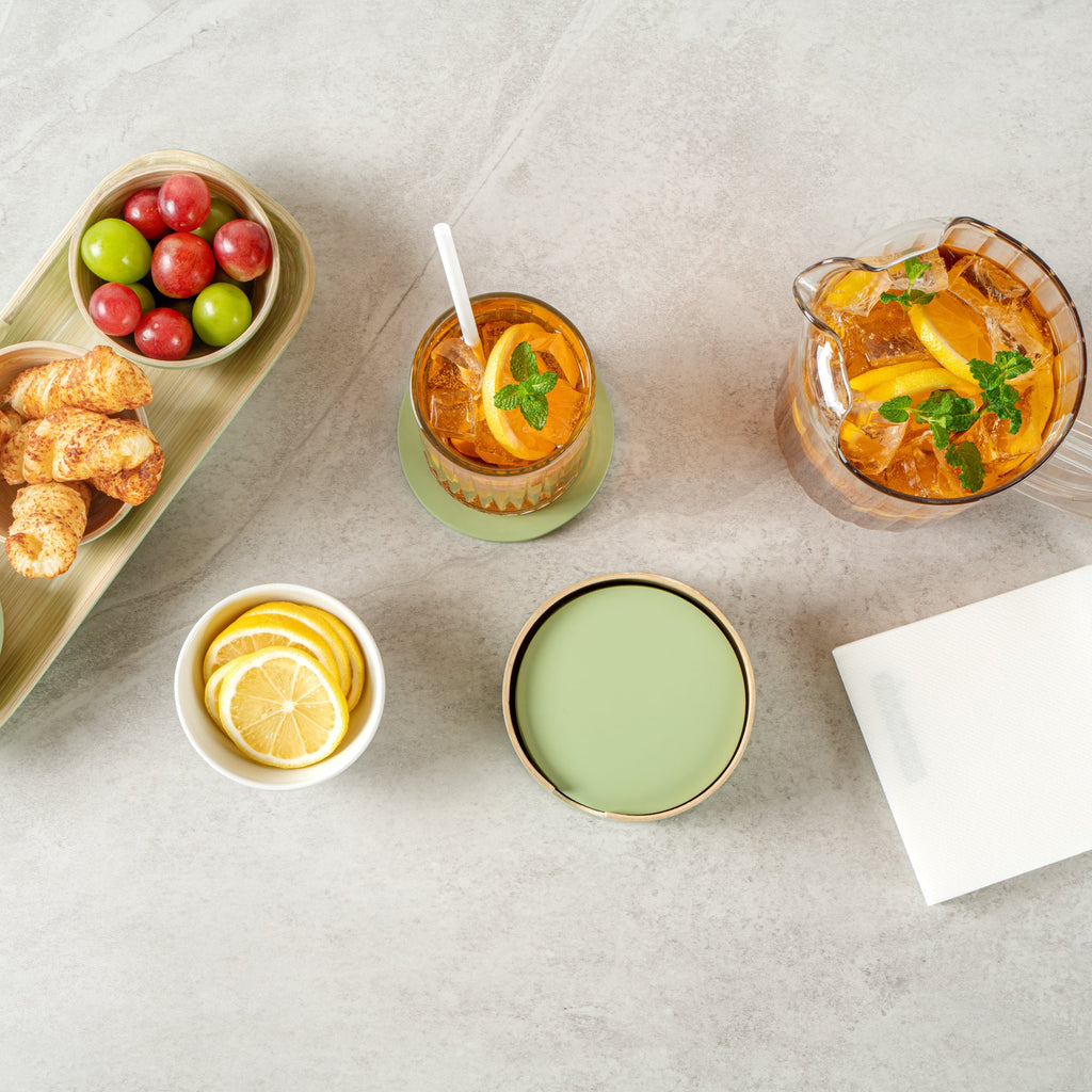 Bambuddha Green Bamboo 6-Piece Coaster Set - with Bamboo Holder - 4" x 4" x 1/4" - 30 count box