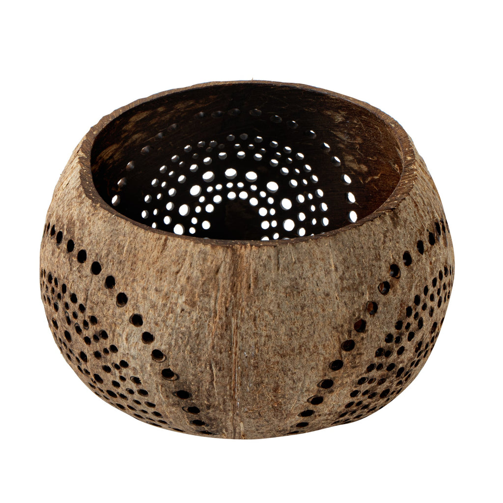 Coco Casa Tan Handmade Coconut Shell Candle Holder - Rainbow Pattern - 4" x 4" x 3 1/4" - 1 count box