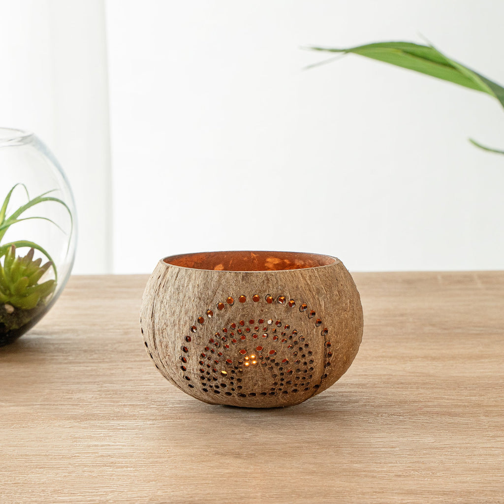 Coco Casa Tan Handmade Coconut Shell Candle Holder - Rainbow Pattern - 4" x 4" x 3 1/4" - 1 count box