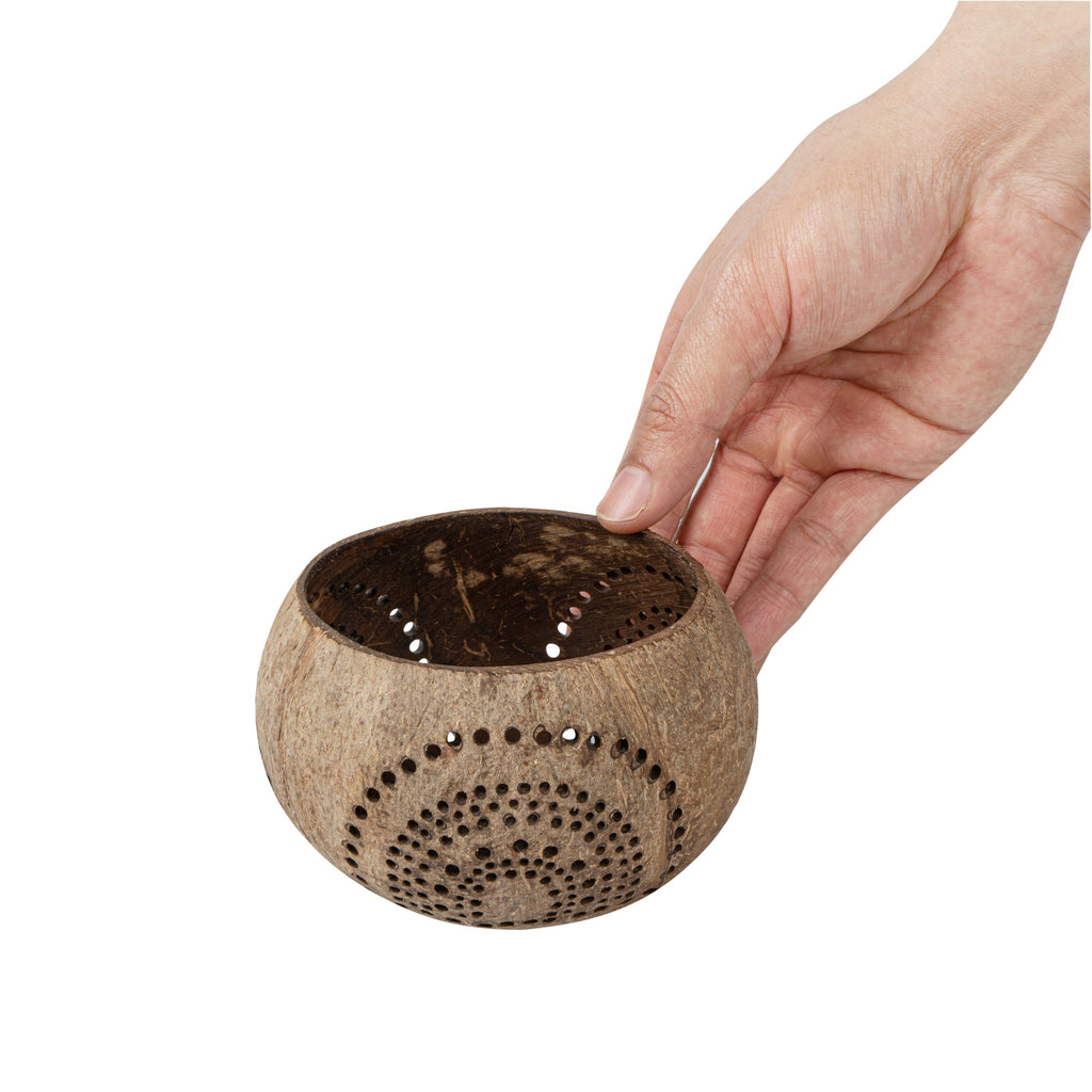 Coco Casa Tan Handmade Coconut Shell Candle Holder - Rainbow Pattern - 4" x 4" x 3 1/4" - 1 count box