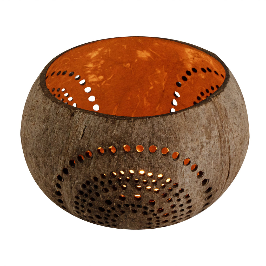 Coco Casa Tan Handmade Coconut Shell Candle Holder - Rainbow Pattern - 4" x 4" x 3 1/4" - 1 count box