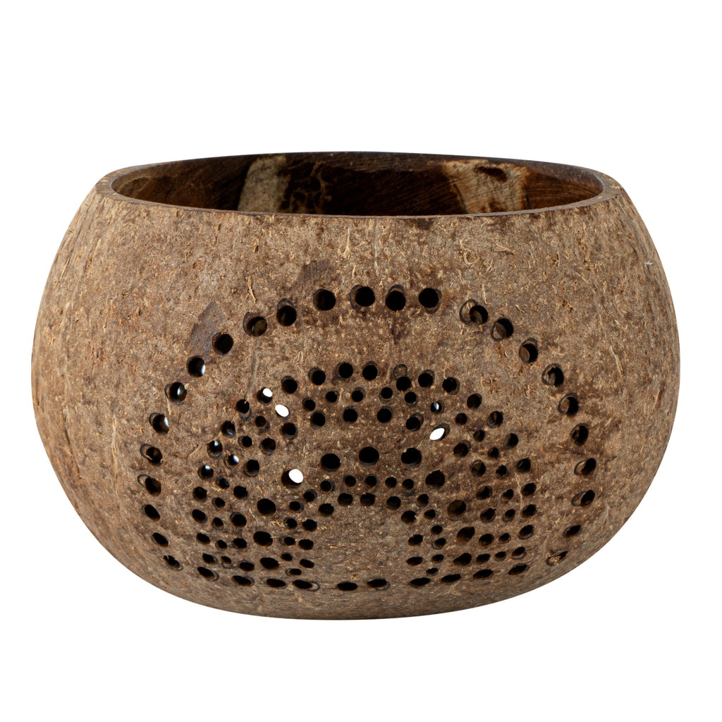 Coco Casa Tan Handmade Coconut Shell Candle Holder - Rainbow Pattern - 4" x 4" x 3 1/4" - 1 count box