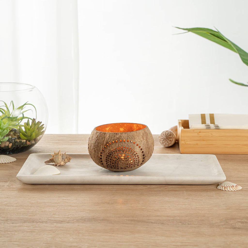 Coco Casa Tan Handmade Coconut Shell Candle Holder - Rainbow Pattern - 4" x 4" x 3 1/4" - 1 count box