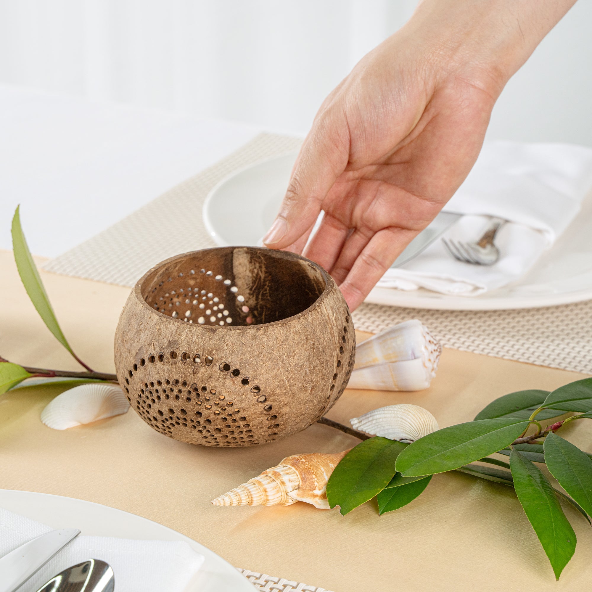 Coco Casa Tan Handmade Coconut Shell Candle Holder - Rainbow Pattern - 4" x 4" x 3 1/4" - 1 count box