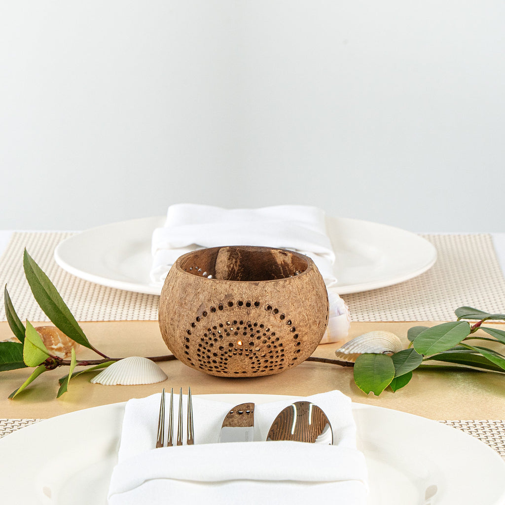 Coco Casa Tan Handmade Coconut Shell Candle Holder - Rainbow Pattern - 4" x 4" x 3 1/4" - 1 count box