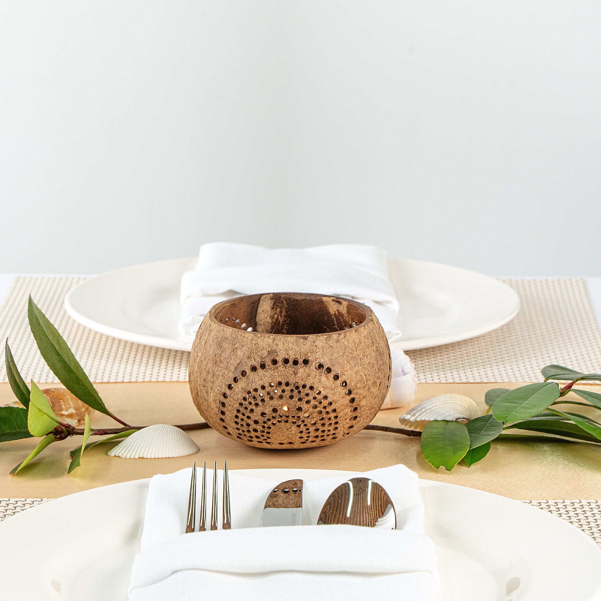 Coco Casa Tan Handmade Coconut Shell Candle Holder - Rainbow Pattern - 4" x 4" x 3 1/4" - 1 count box