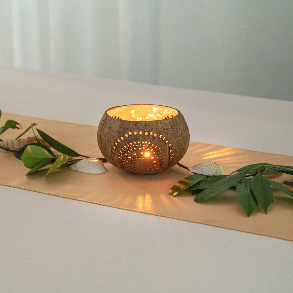 Coco Casa Tan Handmade Coconut Shell Candle Holder - Rainbow Pattern - 4" x 4" x 3 1/4" - 1 count box