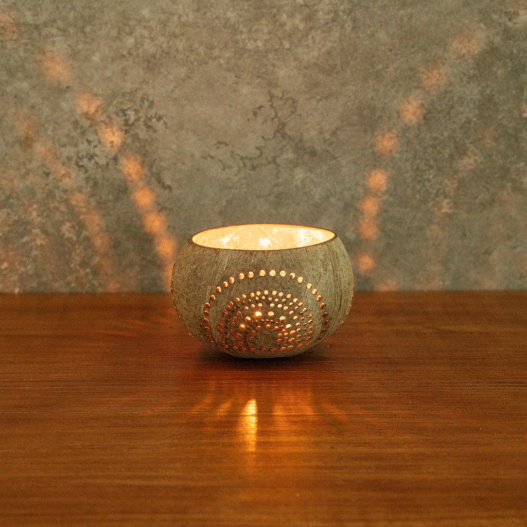 Coco Casa Tan Handmade Coconut Shell Candle Holder - Rainbow Pattern - 4" x 4" x 3 1/4" - 1 count box