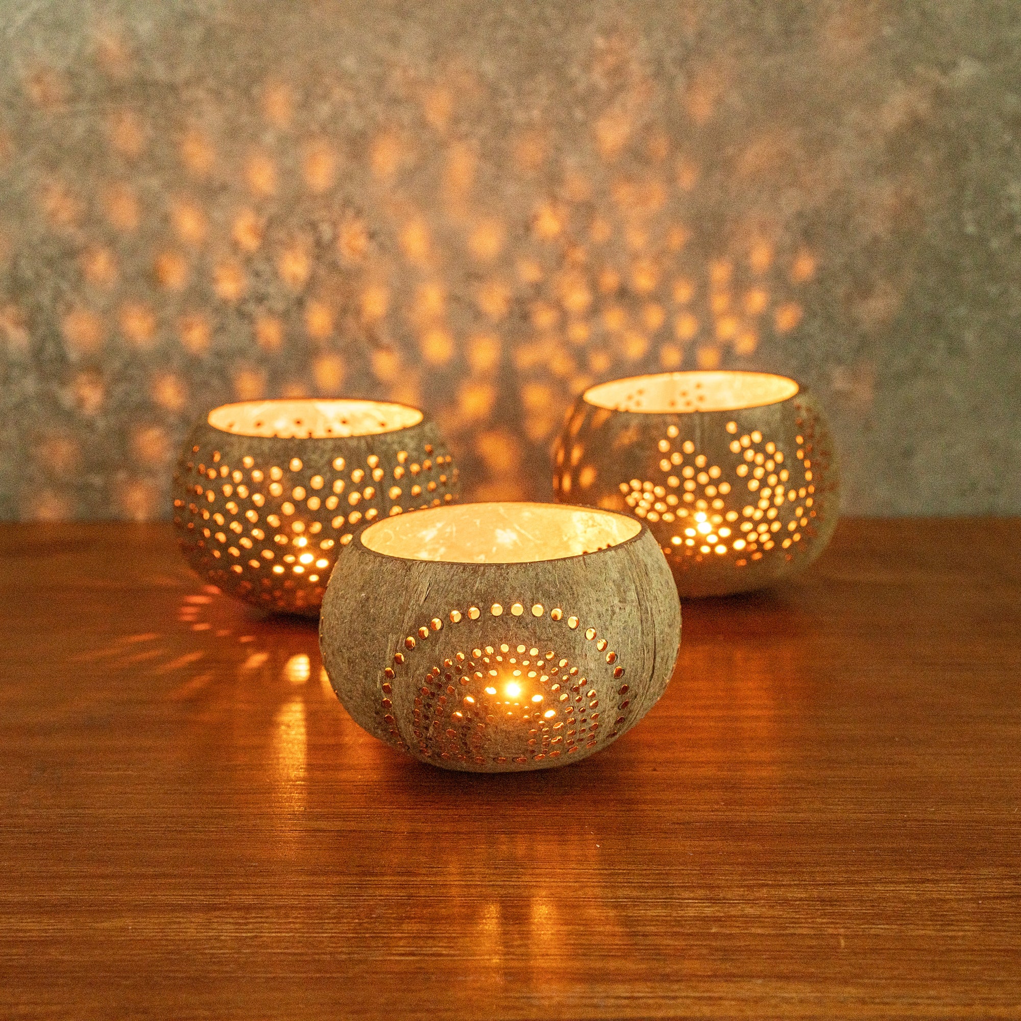 Coco Casa Tan Handmade Coconut Shell Candle Holder - Rainbow Pattern - 4" x 4" x 3 1/4" - 1 count box